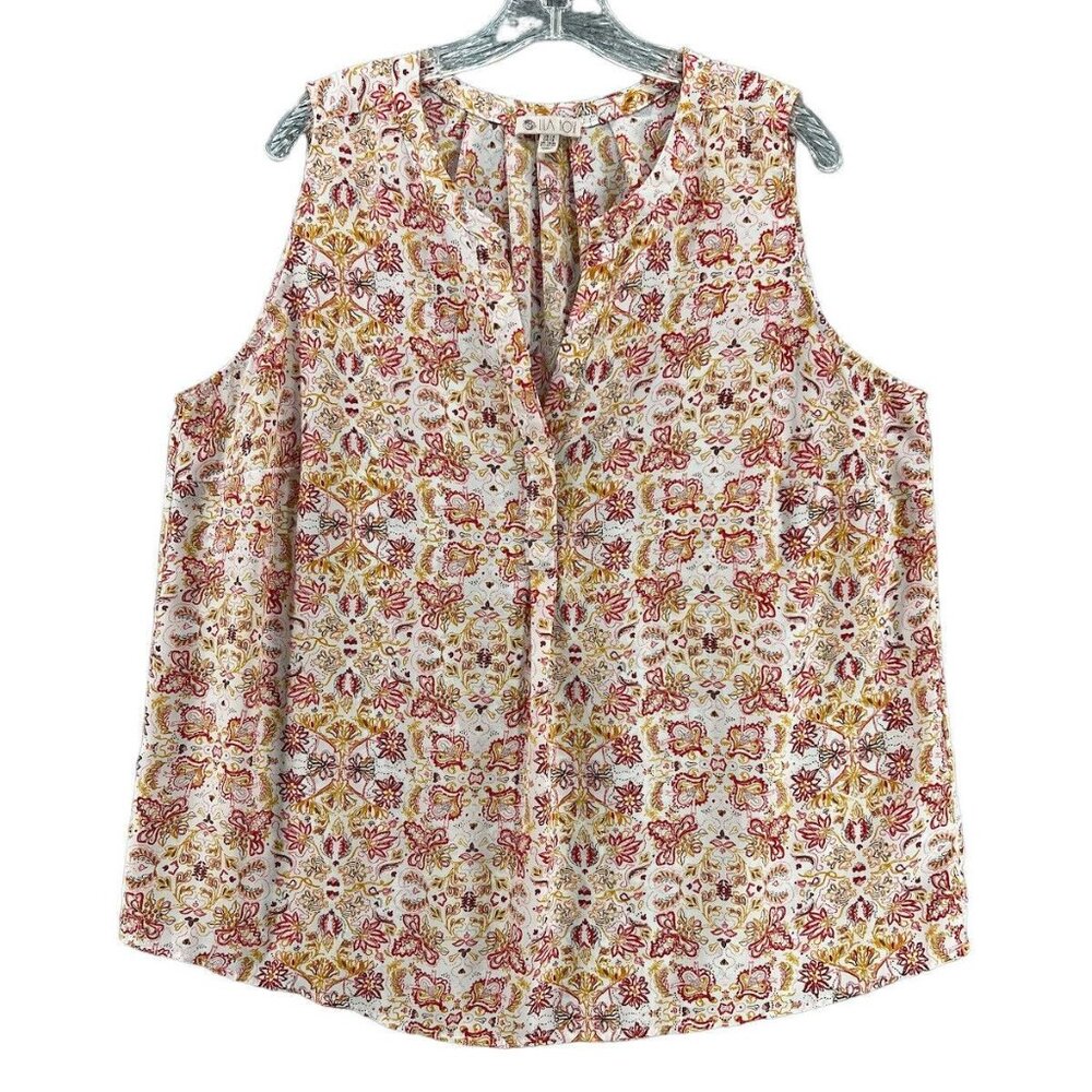 Lila Rose Womens 1X Top Sleeveless Floral Multi Yellows Reds Off White